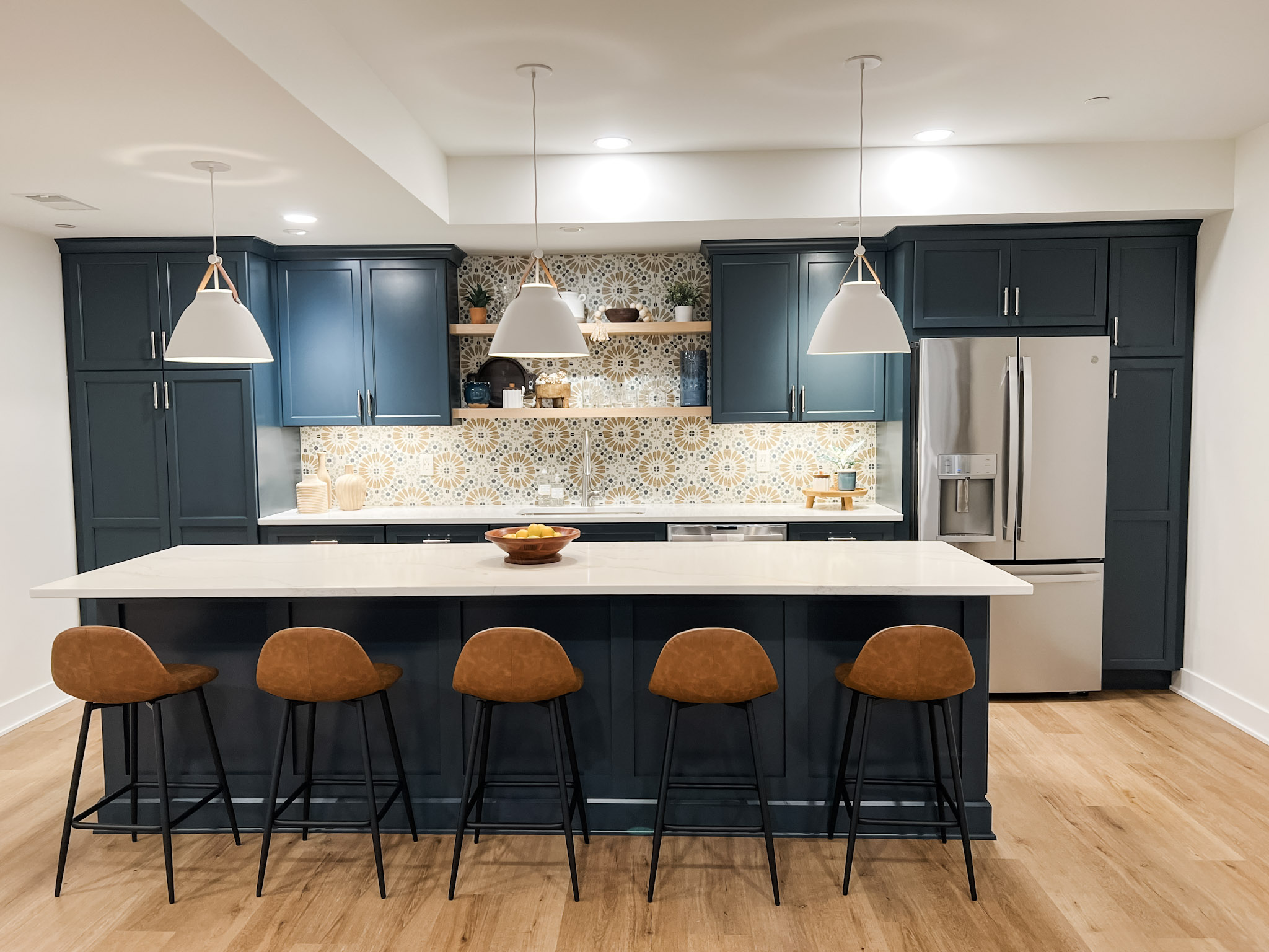 basement bar with barstools